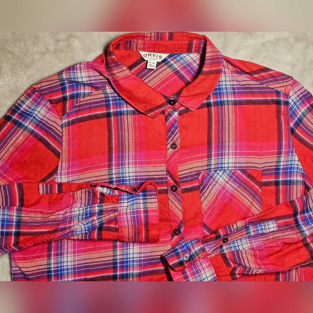 Orvis Women's Long Sleeve‎ Button Up Flannel Shirt XL Red Window Plaid pocket